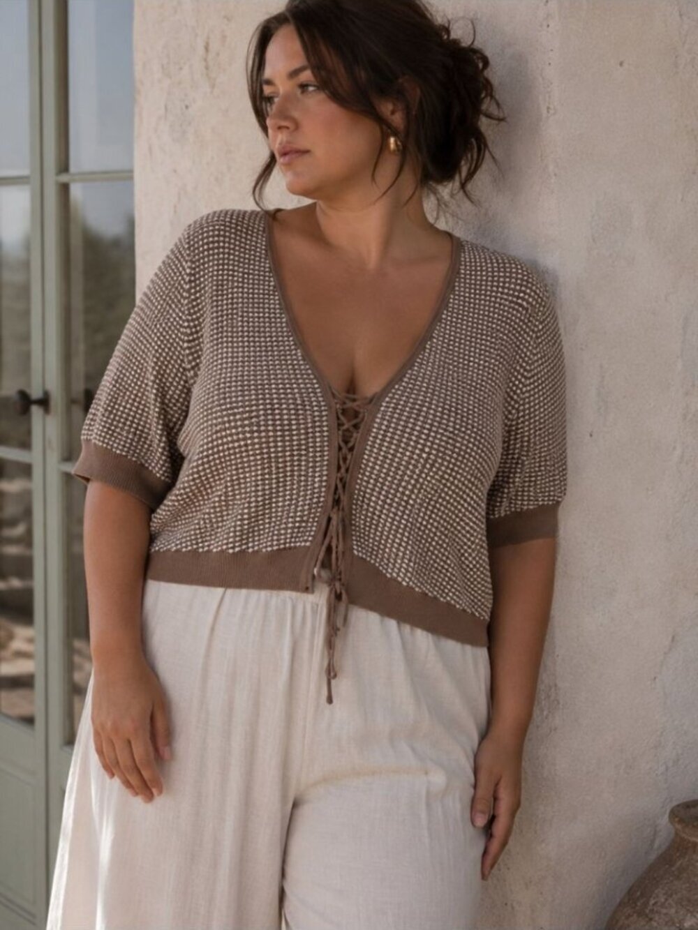 Torrid Cotton Lace Up Knit Sweater Taupe White 3 Cropped Plus Casual Boho Chic